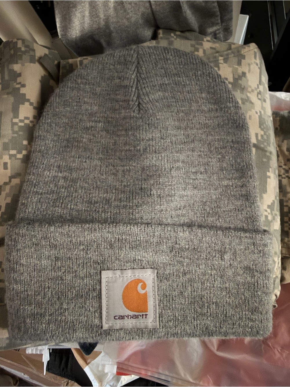 Carhartt Gray Knit Cuffed Beanie with Orange Logo Patch